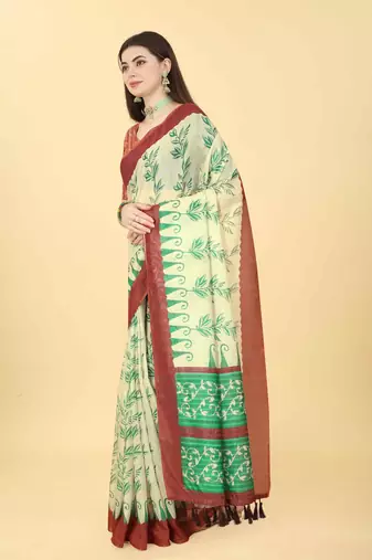 Silk Land  Beige  Printed Cotton Blend Saree 