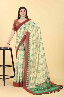 Silk Land  Beige  Printed Cotton Blend Saree  4