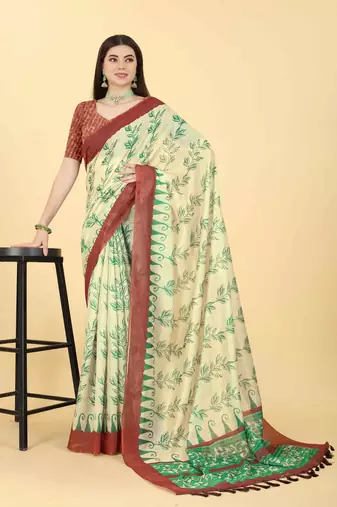 Silk Land  Beige  Printed Cotton Blend Saree 