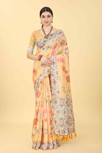 Silk Land  Peach  Printed Cotton Blend Saree 