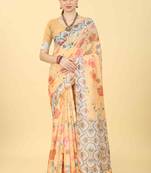 Silk Land  Peach  Printed Cotton Blend Saree 