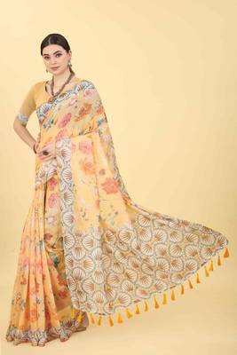 Silk Land  Peach  Printed Cotton Blend Saree  2