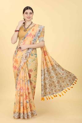 Silk Land  Peach  Printed Cotton Blend Saree  4