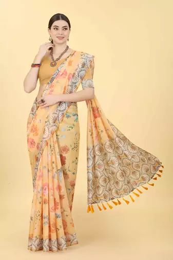 Silk Land  Peach  Printed Cotton Blend Saree 