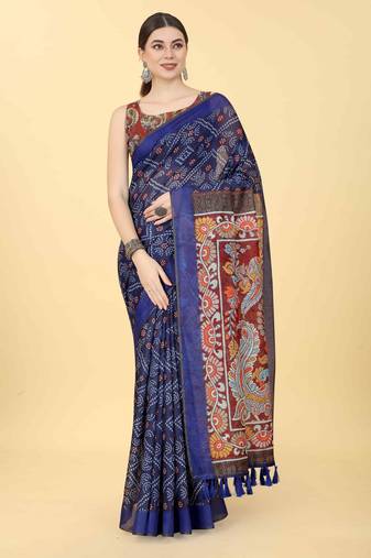 Silk Land  Blue  Printed Cotton Blend Saree 