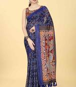 Silk Land  Blue  Printed Cotton Blend Saree 