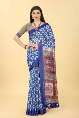 Silk Land  Blue  Printed Cotton Blend Saree  1
