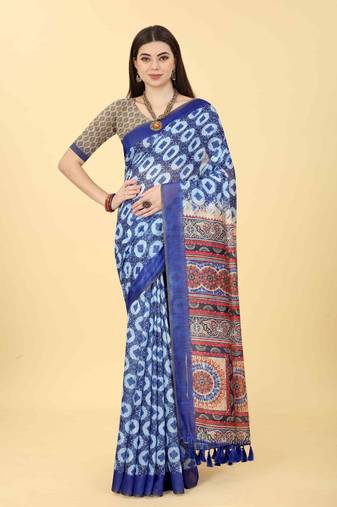 Silk Land  Blue  Printed Cotton Blend Saree 