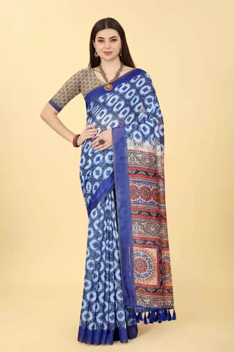Silk Land  Blue  Printed Cotton Blend Saree 
