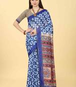 Silk Land  Blue  Printed Cotton Blend Saree 