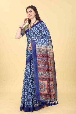 Silk Land  Blue  Printed Cotton Blend Saree  2