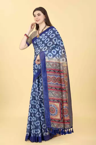 Silk Land  Blue  Printed Cotton Blend Saree 