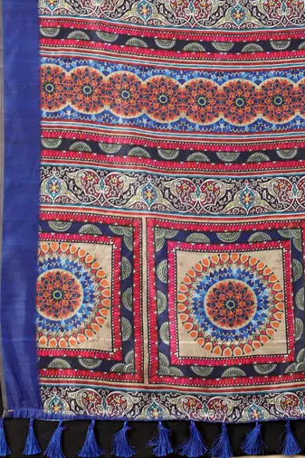 Silk Land  Blue  Printed Cotton Blend Saree 