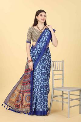 Silk Land  Blue  Printed Cotton Blend Saree  4