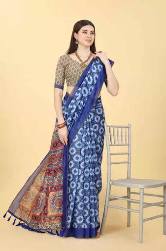 Silk Land  Blue  Printed Cotton Blend Saree 