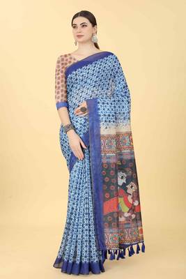 Silk Land  Blue  Printed Cotton Blend Saree  1