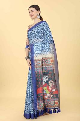 Silk Land  Blue  Printed Cotton Blend Saree  2