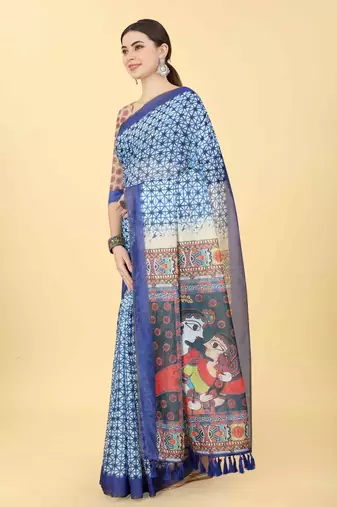 Silk Land  Blue  Printed Cotton Blend Saree 