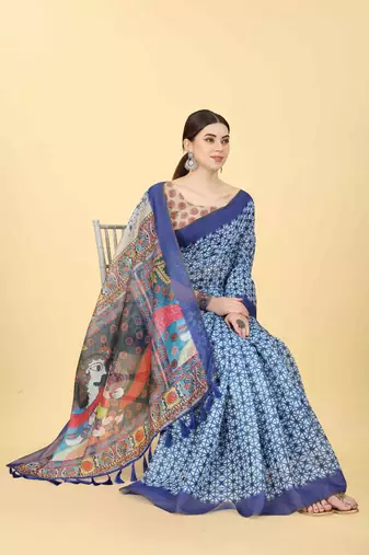Silk Land  Blue  Printed Cotton Blend Saree 