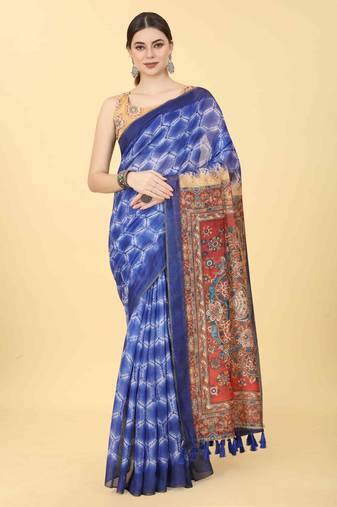 Silk Land  Blue  Printed Cotton Blend Saree 