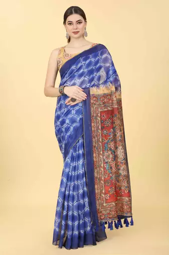 Silk Land  Blue  Printed Cotton Blend Saree 