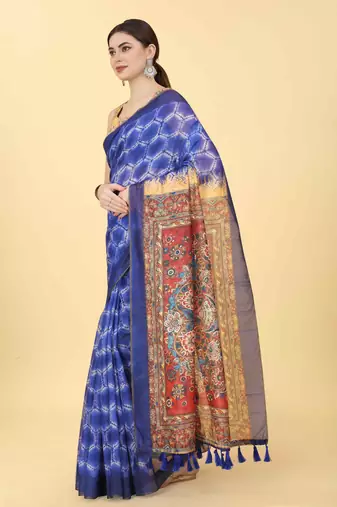 Silk Land  Blue  Printed Cotton Blend Saree 