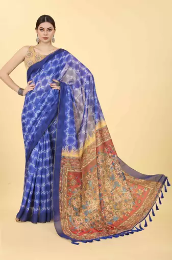Silk Land  Blue  Printed Cotton Blend Saree 
