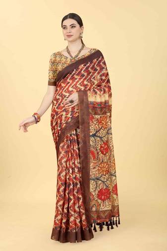 Silk Land  Blue  Printed Cotton Blend Saree 