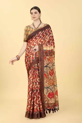 Silk Land  Blue  Printed Cotton Blend Saree 
