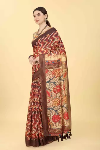 Silk Land  Blue  Printed Cotton Blend Saree 