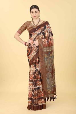 Silk Land  Blue  Printed Cotton Blend Saree  1