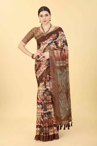 Silk Land  Blue  Printed Cotton Blend Saree 