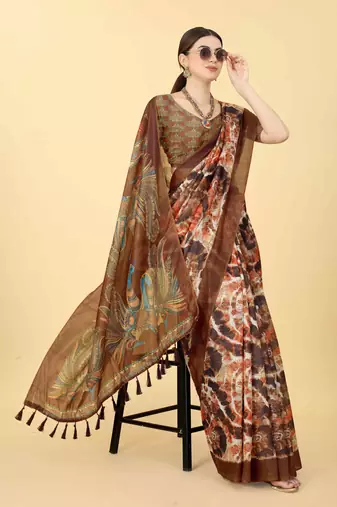 Silk Land  Blue  Printed Cotton Blend Saree 