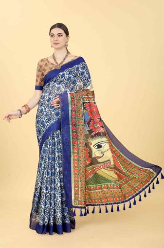 Silk Land  Blue  Printed Cotton Blend Saree 