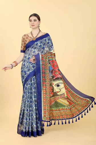 Silk Land  Blue  Printed Cotton Blend Saree 