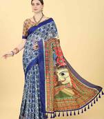 Silk Land  Blue  Printed Cotton Blend Saree 