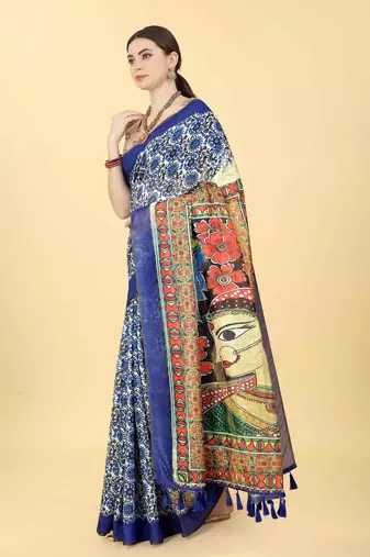 Silk Land  Blue  Printed Cotton Blend Saree 