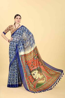 Silk Land  Blue  Printed Cotton Blend Saree  4