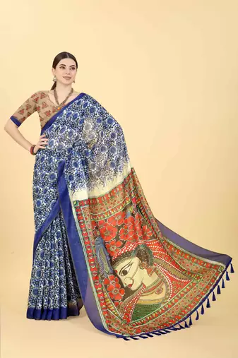 Silk Land  Blue  Printed Cotton Blend Saree 