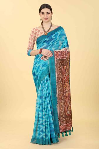 Silk Land  Blue  Printed Cotton Blend Saree 