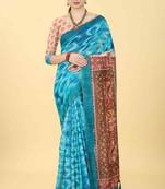 Silk Land  Blue  Printed Cotton Blend Saree 