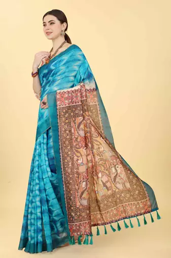 Silk Land  Blue  Printed Cotton Blend Saree 