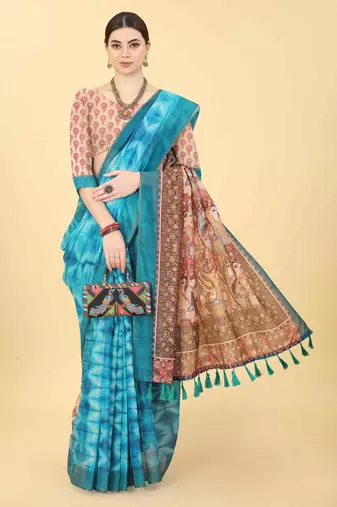 Silk Land  Blue  Printed Cotton Blend Saree 