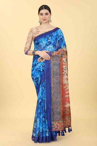 Silk Land  Blue  Printed Cotton Blend Saree 