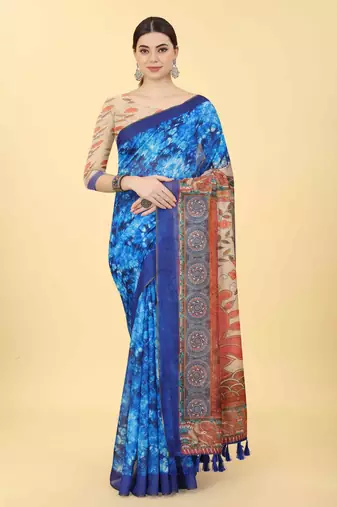Silk Land  Blue  Printed Cotton Blend Saree 