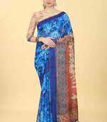 Silk Land  Blue  Printed Cotton Blend Saree 