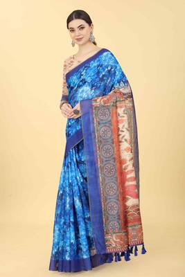 Silk Land  Blue  Printed Cotton Blend Saree  2