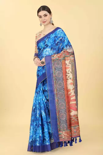 Silk Land  Blue  Printed Cotton Blend Saree 