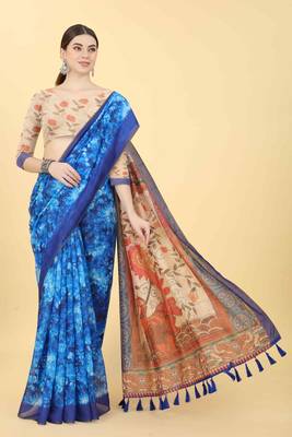 Silk Land  Blue  Printed Cotton Blend Saree  4
