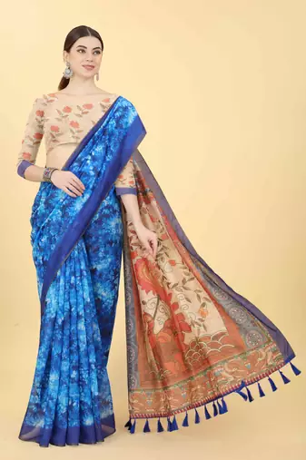 Silk Land  Blue  Printed Cotton Blend Saree 